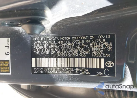 2013 Toyota Prius Plug-In из США, поврежденный, VIN JTDKN3DP2D3047456